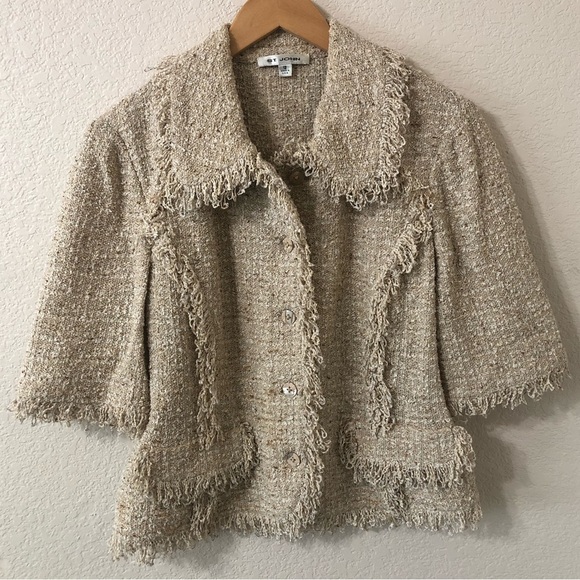 St. John Tweed Knit Shimmer Blazer Jacket Tassel Trim in Beige - Size 12 - Picture 1 of 8